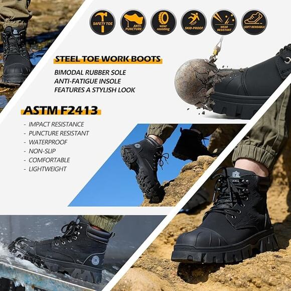 Kelodon Mens Size 9.5 Black Waterproof Steel Toe Memory Foam Non Slip Work Boots main image 7